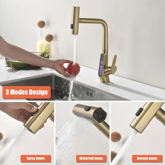 Waterfall Kitchen Sink Mixer Taps with Pull Out Sprayer, 3 Modes Kitchen Sink Faucet, 360° Rotation, Digital Display, Single Lever Kitchen Tap, 59A Copper, Anti-Corrosion, Durable