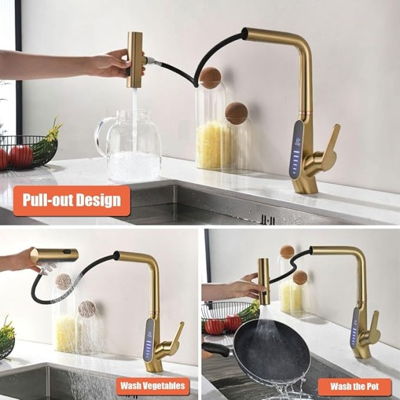 Waterfall Kitchen Sink Mixer Taps with Pull Out Sprayer, 3 Modes Kitchen Sink Faucet, 360° Rotation, Digital Display, Single Lever Kitchen Tap, 59A Copper, Anti-Corrosion, Durable