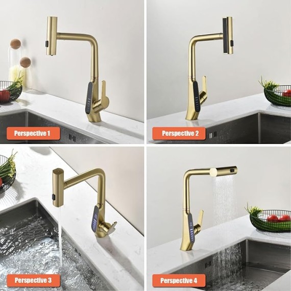 Waterfall Kitchen Sink Mixer Taps with Pull Out Sprayer, 3 Modes Kitchen Sink Faucet, 360° Rotation, Digital Display, Single Lever Kitchen Tap, 59A Copper, Anti-Corrosion, Durable