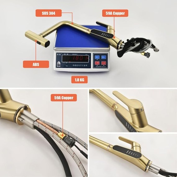 Waterfall Kitchen Sink Mixer Taps with Pull Out Sprayer, 3 Modes Kitchen Sink Faucet, 360° Rotation, Digital Display, Single Lever Kitchen Tap, 59A Copper, Anti-Corrosion, Durable