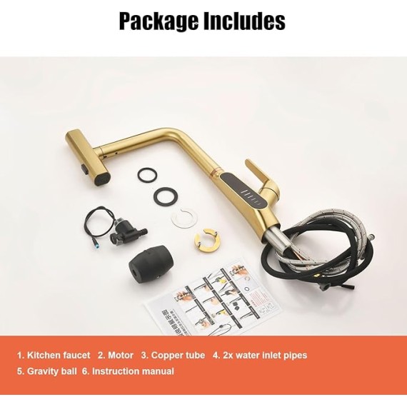 Waterfall Kitchen Sink Mixer Taps with Pull Out Sprayer, 3 Modes Kitchen Sink Faucet, 360° Rotation, Digital Display, Single Lever Kitchen Tap, 59A Copper, Anti-Corrosion, Durable