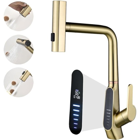 Waterfall Kitchen Sink Mixer Taps with Pull Out Sprayer, 3 Modes Kitchen Sink Faucet, 360° Rotation, Digital Display, Single Lever Kitchen Tap, 59A Copper, Anti-Corrosion, Durable
