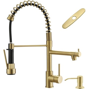 Gold Kitchen Faucet with Soap Dispenser,Commercial Single Handle Pull Down Kitchen Faucets with Sprayer,Brushed Gold