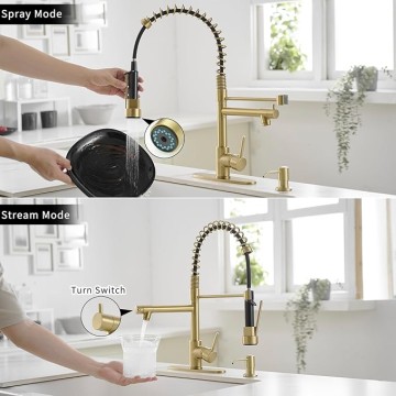 Gold Kitchen Faucet with Soap Dispenser,Commercial Single Handle Pull Down Kitchen Faucets with Sprayer,Brushed Gold