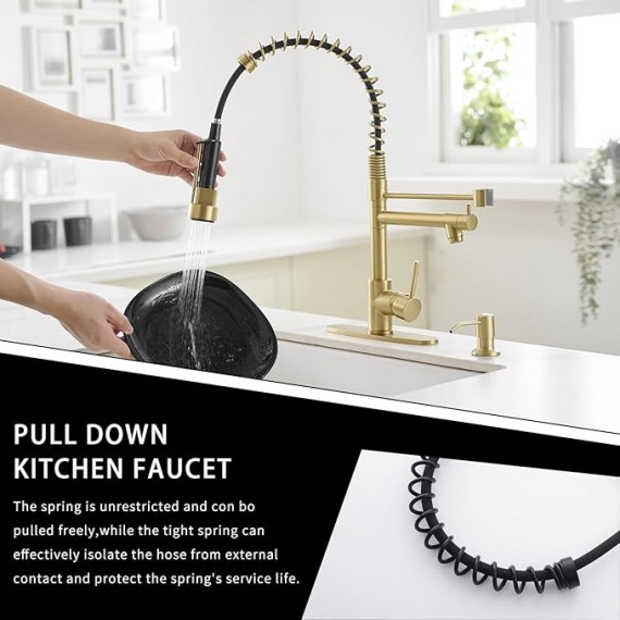 Gold Kitchen Faucet with Soap Dispenser,Commercial Single Handle Pull Down Kitchen Faucets with Sprayer,Brushed Gold