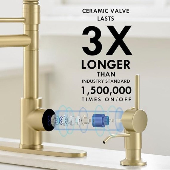 Gold Kitchen Faucet with Soap Dispenser,Commercial Single Handle Pull Down Kitchen Faucets with Sprayer,Brushed Gold