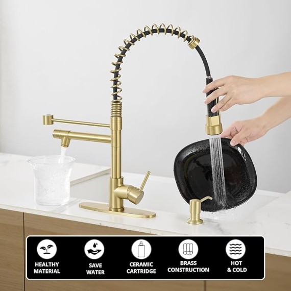 Gold Kitchen Faucet with Soap Dispenser,Commercial Single Handle Pull Down Kitchen Faucets with Sprayer,Brushed Gold
