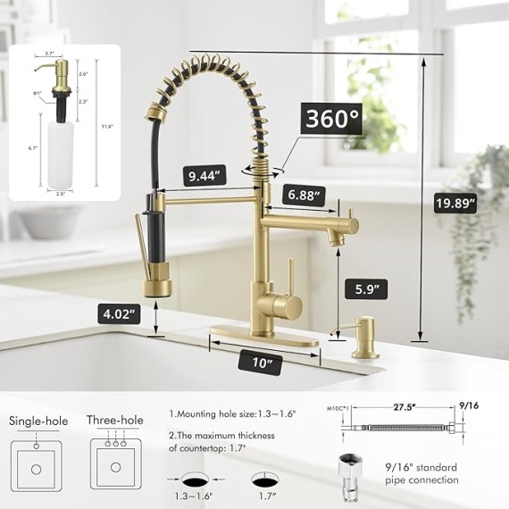 Gold Kitchen Faucet with Soap Dispenser,Commercial Single Handle Pull Down Kitchen Faucets with Sprayer,Brushed Gold