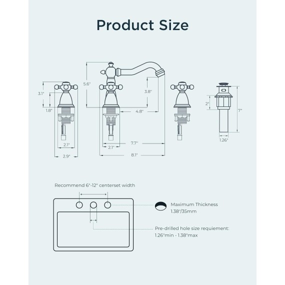 Bathroom Faucet 3 Hole, Matte Black Antique Bathroom Sink Faucet Two Handle, 8 inch Widespread Brass Bathroom Faucet with Metal Pop-up Drain & Supply Lines, Vintage Farmhouse Vanity Faucet Tap