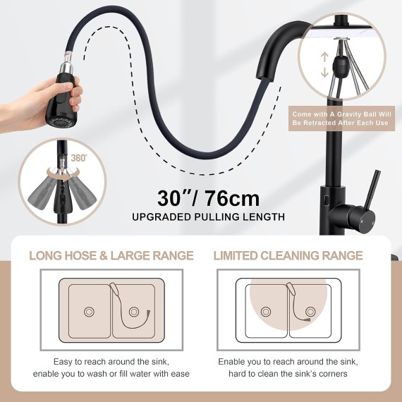 Touchless Kitchen Sink Faucet with Pull Down Sprayer, Herogo Matte Black Stainless Steel Motion Sensor Faucet with Soap Dispenser, Single Handle Smart Activated Kitchen Faucet for Farmhouse RV Sink