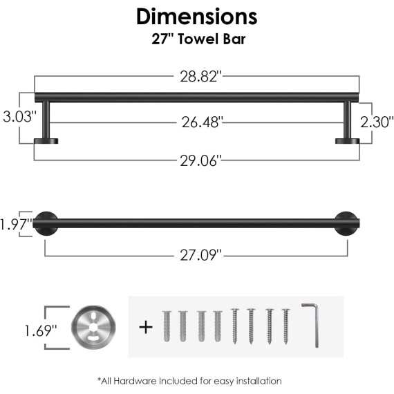 Towel Bar 27 Inch Center to Center, Matte Black Bathroom Towel Rack 304 Stainless Steel, Wall Mounted Towel Holder for Bathroom, Includes Wall Mounting Hardware, Suitable for Bathroom, RV
