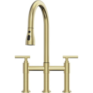 Gold Bridge Kitchen Faucet with 3 Mode Pull-Down Sprayer 2 Handle 8 Inch Faucet for Kitchen Sinks 3 Hole Kitchen Sink Faucet, Fingerprint Resistant Spot Free