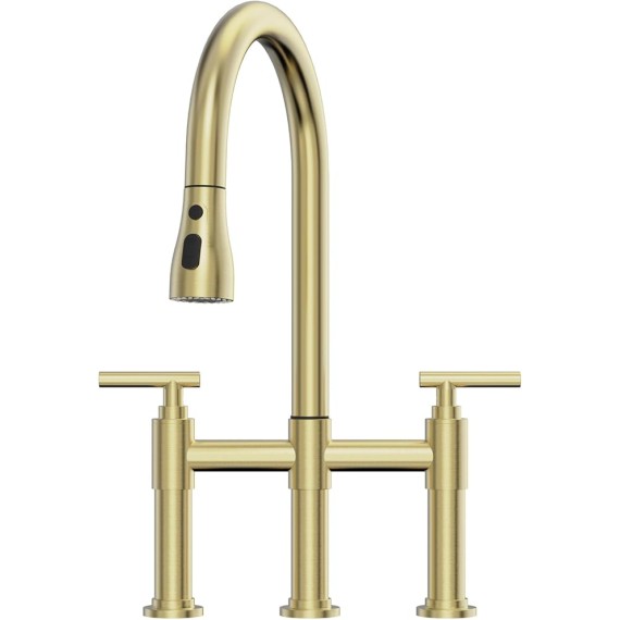 Gold Bridge Kitchen Faucet with 3 Mode Pull-Down Sprayer 2 Handle 8 Inch Faucet for Kitchen Sinks 3 Hole Kitchen Sink Faucet, Fingerprint Resistant Spot Free