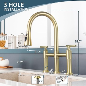 Gold Bridge Kitchen Faucet with 3 Mode Pull-Down Sprayer 2 Handle 8 Inch Faucet for Kitchen Sinks 3 Hole Kitchen Sink Faucet, Fingerprint Resistant Spot Free