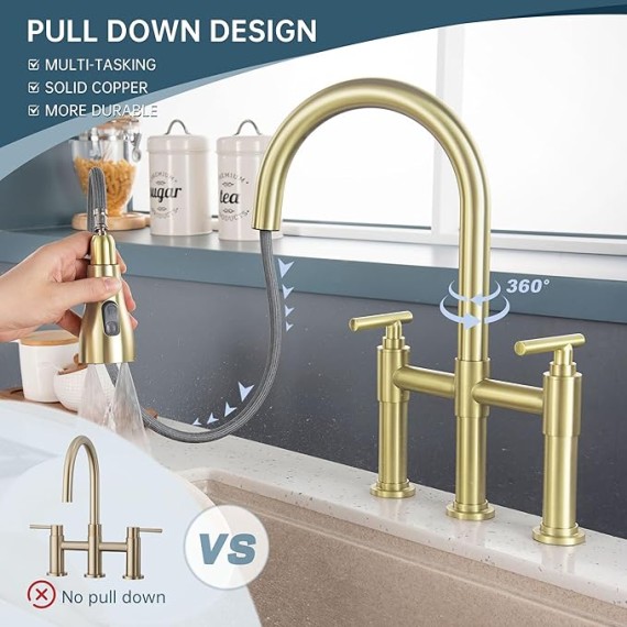 Gold Bridge Kitchen Faucet with 3 Mode Pull-Down Sprayer 2 Handle 8 Inch Faucet for Kitchen Sinks 3 Hole Kitchen Sink Faucet, Fingerprint Resistant Spot Free