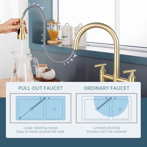 Gold Bridge Kitchen Faucet with 3 Mode Pull-Down Sprayer 2 Handle 8 Inch Faucet for Kitchen Sinks 3 Hole Kitchen Sink Faucet, Fingerprint Resistant Spot Free