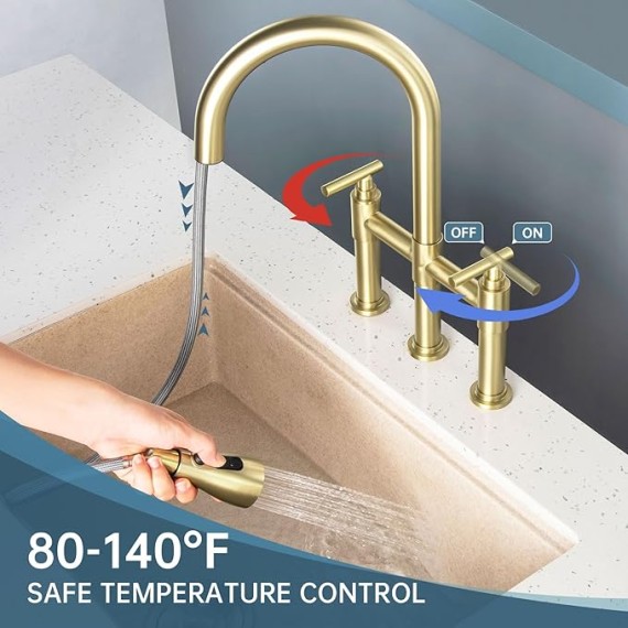 Gold Bridge Kitchen Faucet with 3 Mode Pull-Down Sprayer 2 Handle 8 Inch Faucet for Kitchen Sinks 3 Hole Kitchen Sink Faucet, Fingerprint Resistant Spot Free