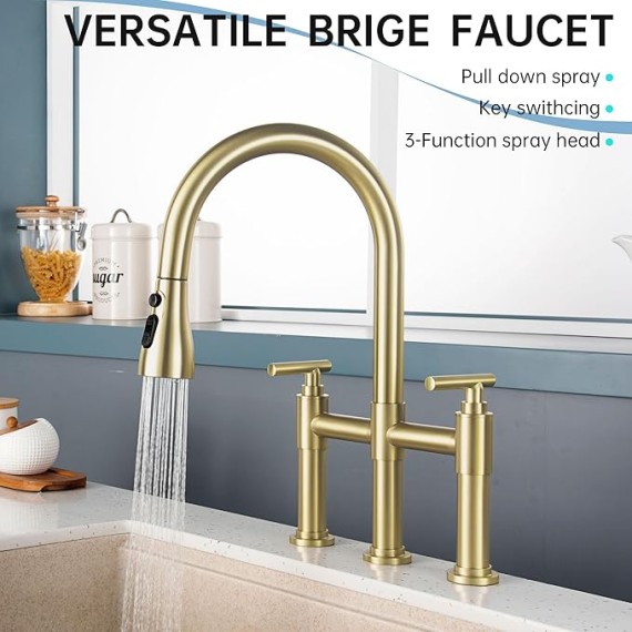 Gold Bridge Kitchen Faucet with 3 Mode Pull-Down Sprayer 2 Handle 8 Inch Faucet for Kitchen Sinks 3 Hole Kitchen Sink Faucet, Fingerprint Resistant Spot Free