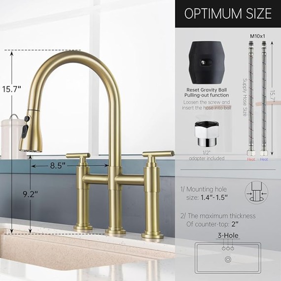 Gold Bridge Kitchen Faucet with 3 Mode Pull-Down Sprayer 2 Handle 8 Inch Faucet for Kitchen Sinks 3 Hole Kitchen Sink Faucet, Fingerprint Resistant Spot Free
