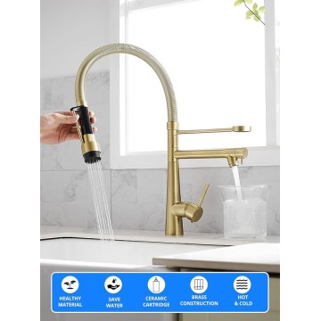 Brushed Gold Kitchen Faucet with Pull Down Sprayer,Commercial Single Handle Spring Kitchen Faucet Gold Sink Faucet Kitchen