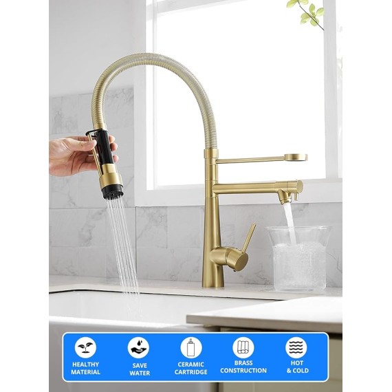 Brushed Gold Kitchen Faucet with Pull Down Sprayer,Commercial Single Handle Spring Kitchen Faucet Gold Sink Faucet Kitchen