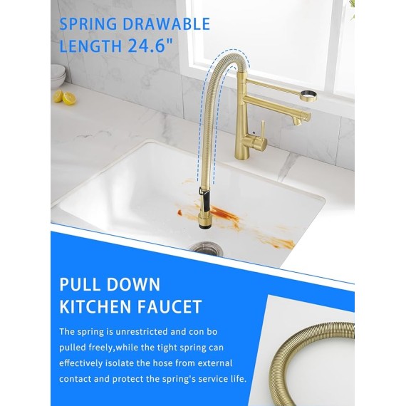 Brushed Gold Kitchen Faucet with Pull Down Sprayer,Commercial Single Handle Spring Kitchen Faucet Gold Sink Faucet Kitchen