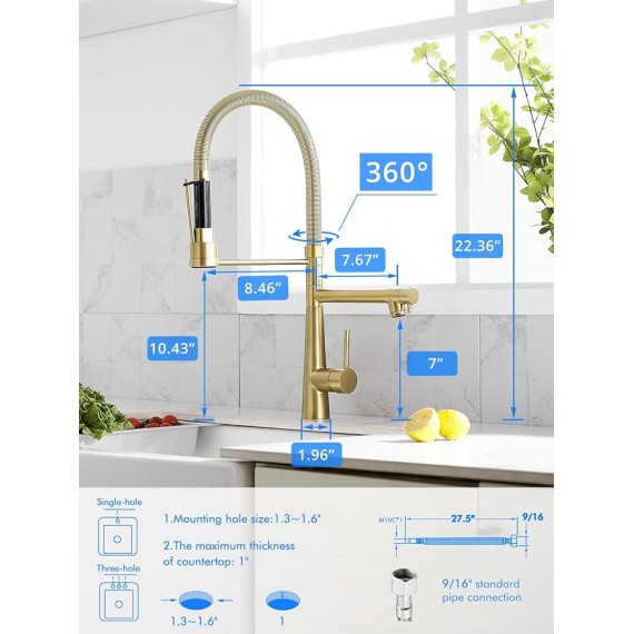 Brushed Gold Kitchen Faucet with Pull Down Sprayer,Commercial Single Handle Spring Kitchen Faucet Gold Sink Faucet Kitchen