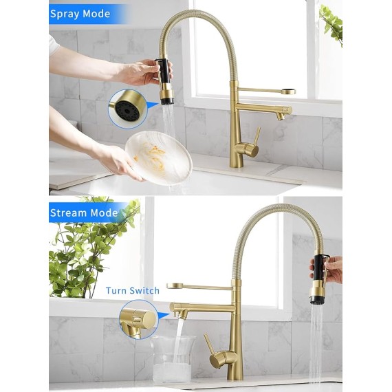 Brushed Gold Kitchen Faucet with Pull Down Sprayer,Commercial Single Handle Spring Kitchen Faucet Gold Sink Faucet Kitchen