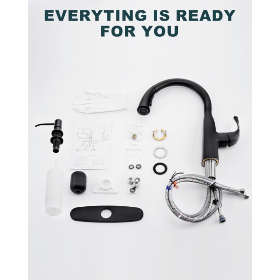 Matte Black Kitchen Faucet with Soap Dispenser:Single Handle Gooseneck Kitchen Sink Faucet Stainless Steel with Sprayer, High Arc Elegant Water Tap Water Faucet for Kitchen Sink