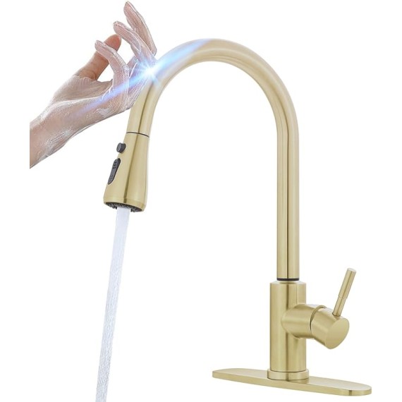 Smart Touch Faucet for Kitchen Sink: Touch Kitchen Faucets with Pull Down Sprayer - Brushed Gold Stainless Steel Sink Faucet Hands-Free Single Handle 1/3 Hole Deck Plate