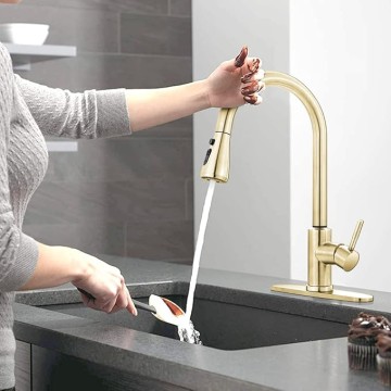 Smart Touch Faucet for Kitchen Sink: Touch Kitchen Faucets with Pull Down Sprayer - Brushed Gold Stainless Steel Sink Faucet Hands-Free Single Handle 1/3 Hole Deck Plate