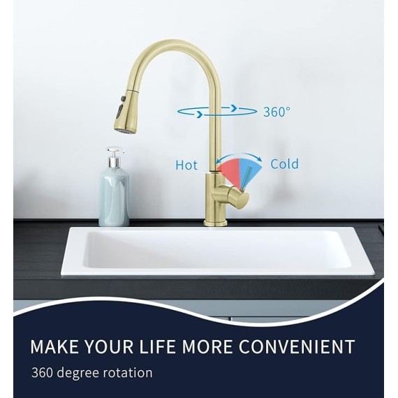 Smart Touch Faucet for Kitchen Sink: Touch Kitchen Faucets with Pull Down Sprayer - Brushed Gold Stainless Steel Sink Faucet Hands-Free Single Handle 1/3 Hole Deck Plate