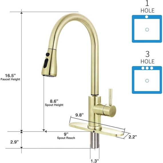 Smart Touch Faucet for Kitchen Sink: Touch Kitchen Faucets with Pull Down Sprayer - Brushed Gold Stainless Steel Sink Faucet Hands-Free Single Handle 1/3 Hole Deck Plate